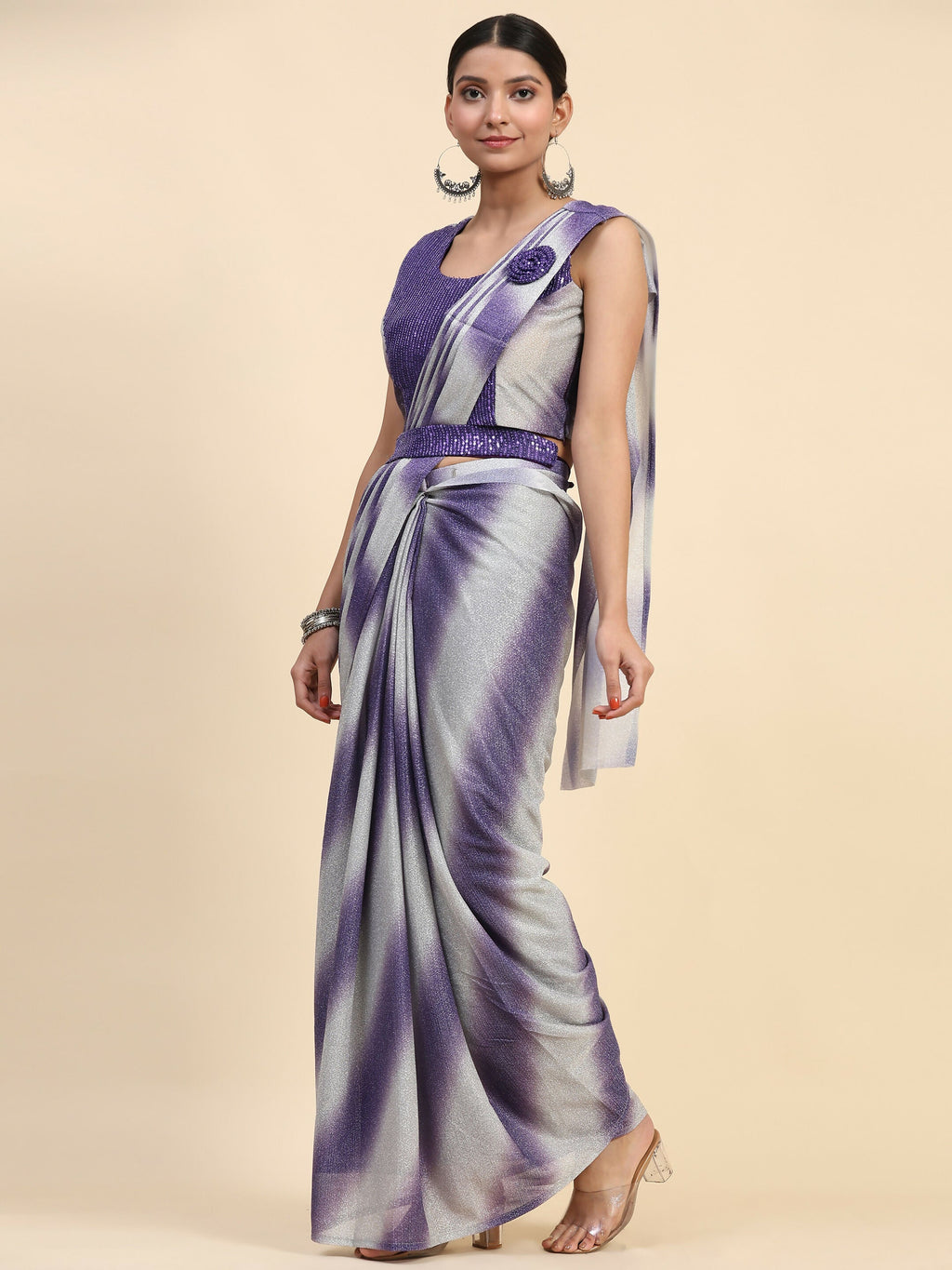 Purple Polyester Solid Ready to Wear Saree with stitched Blouse - Aayan | Grocsy