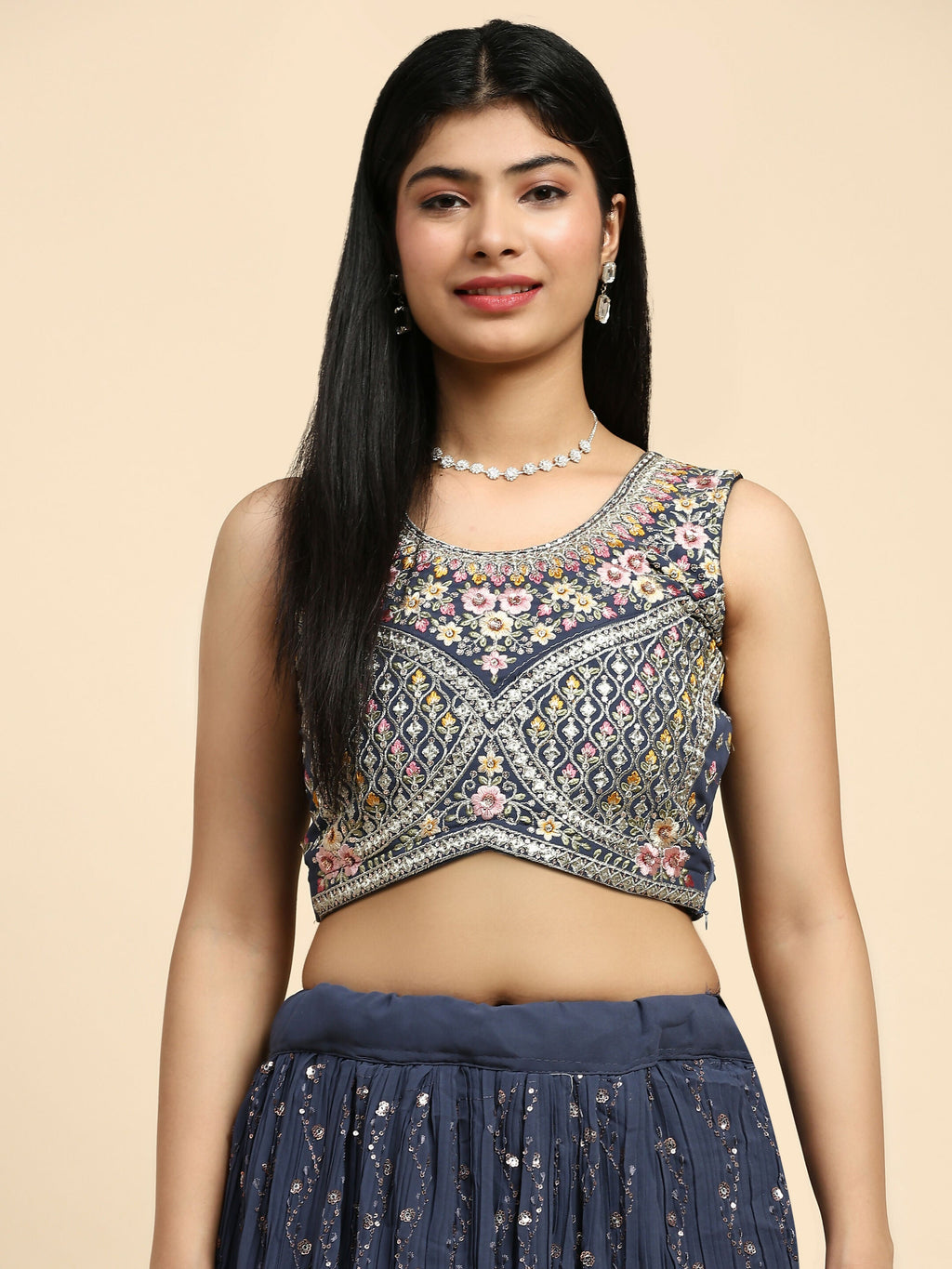 Dark Grey Georgette Embroidered Lehenga choli with Dupatta - Dhara | Grocsy