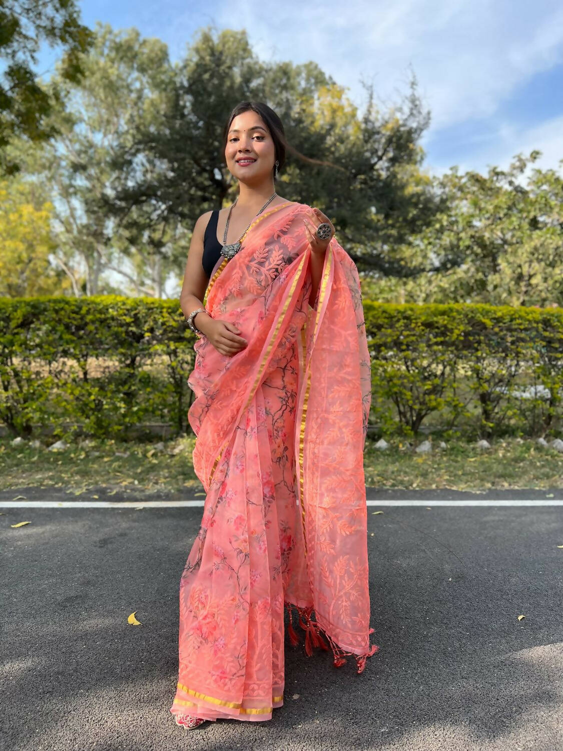 Vamsee Peach Organza Saree | Grocsy
