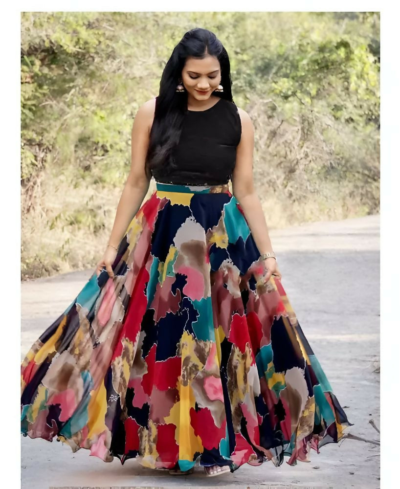 Dishitha Creation Printed Stitched Lehenga & Crop Top - Black & Black | Grocsy