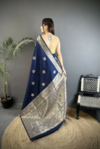 Joban Fashion Navy Blue Floral Jacquard Woven Design Cotton Silk Banarasi Silk Saree | Grocsy
