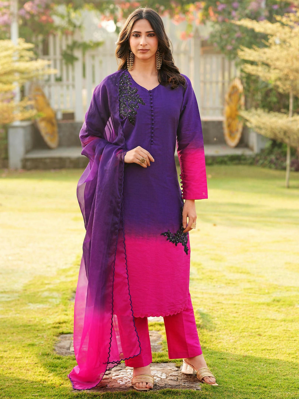 Nikhaar Dark Purple Embroidered Art Silk Stitched Straight Cut Kurta Pants Dupatta Readymade Suit | Grocsy