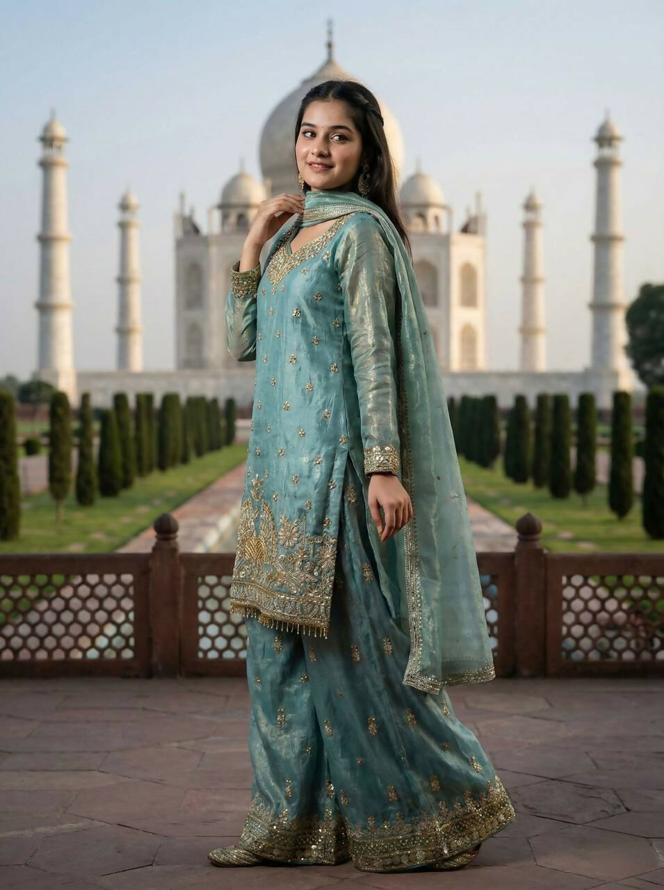 Teeya Creation Teal Fendy Silk Heavy Embroidery Work Party Wear Palazzo Suit | Grocsy