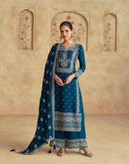 Vastranavya Teal Chinon Silk Embroidered Sequins Pakistani Straight Plaazo Suit | Grocsy