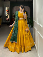 Vastranavya Navaratri Special Pure Cotton Plain With Gotta Patti Touch Up Lehenga Stitched Choli - Mustard | Grocsy