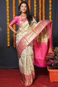 Jyoti Fashion Women's Off White Kanjivaram Silk Zari Woven Saree with Blouse | Grocsy