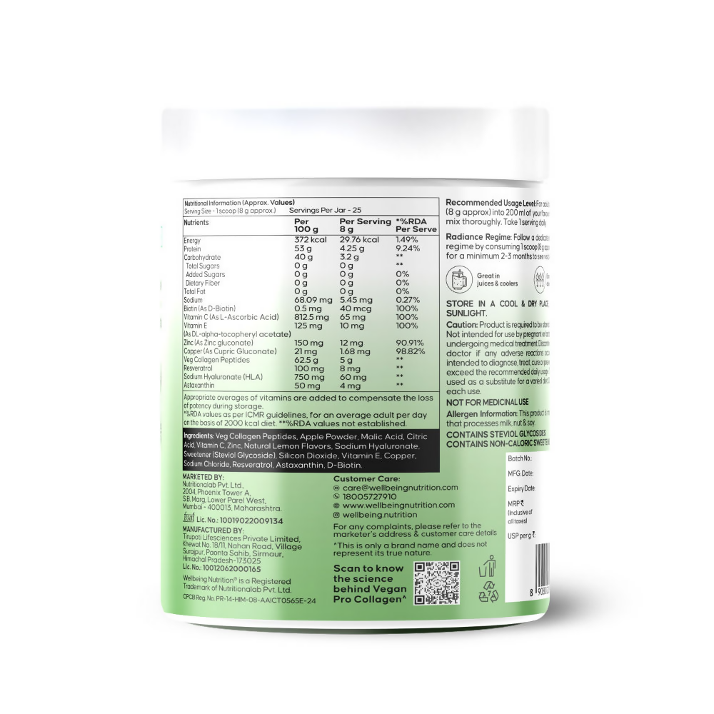 Wellbeing Nutrition Vegan Pro Collagen Hyaluronic Acid Skin & Hair Lemon Lime Flavour | Grocsy
