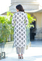 Juniper Women's Grey Floral Printed Cotton Kurta Dhoti Pant & Dupatta Set | Grocsy