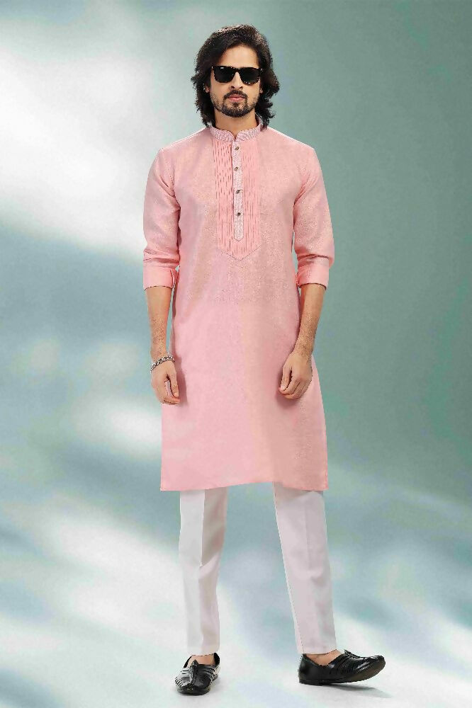 Raivat Ethnic Linen Cotton Pintux Work Kurta Pajama In Pink Colour | Grocsy