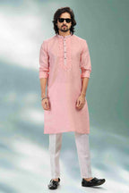 Raivat Ethnic Linen Cotton Pintux Work Kurta Pajama In Pink Colour | Grocsy