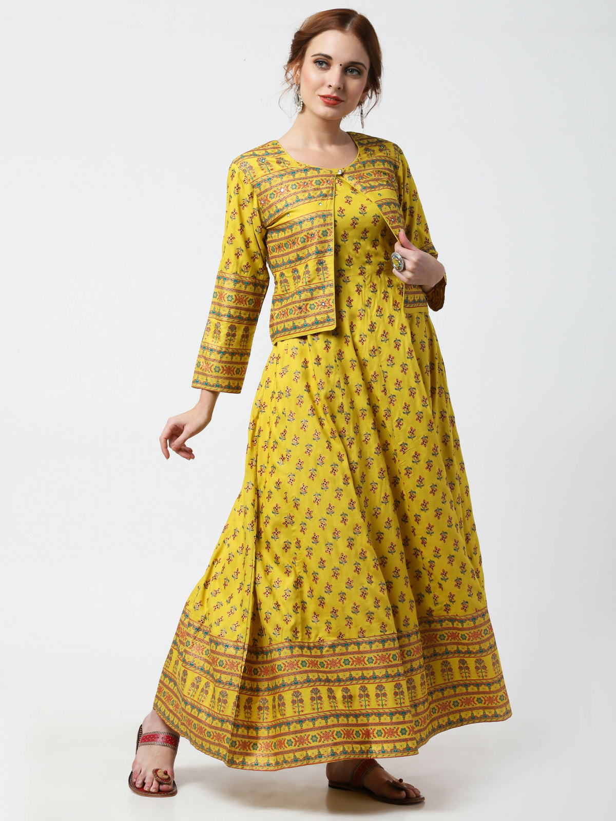 Cheera Women's Mustard Viscose Cotton Long Kalidar Kurta With Jacket | Grocsy