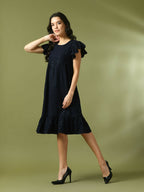 Myshka Women's Navy Blue Embroidered Cotton Round Neck A-Line Party Dress | Grocsy
