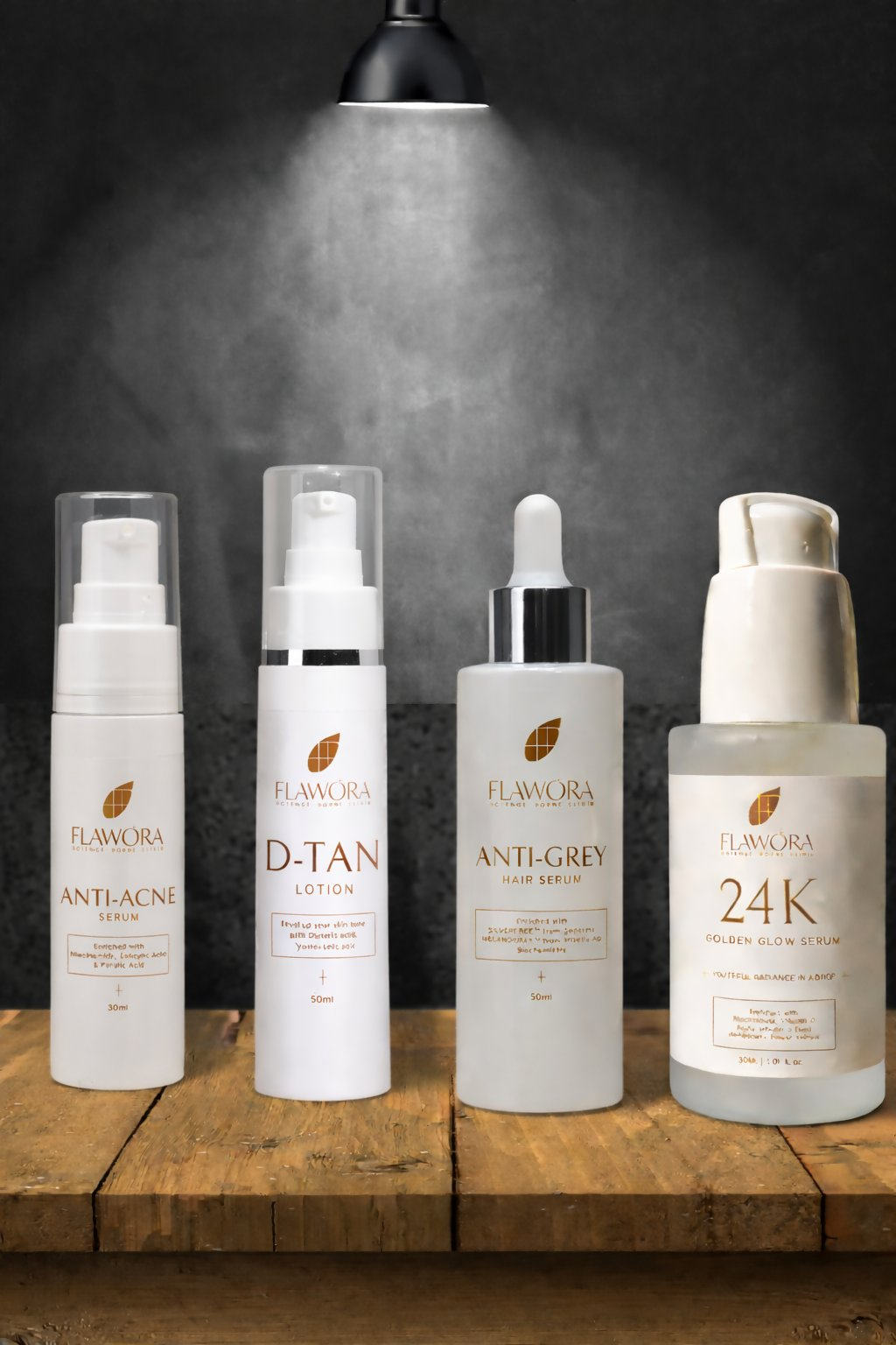 Flawora Set of D-Tan Lotion, Anti Acne Serum, Anti-Grey Hair Serum and Golden Glow Face Serum | Grocsy