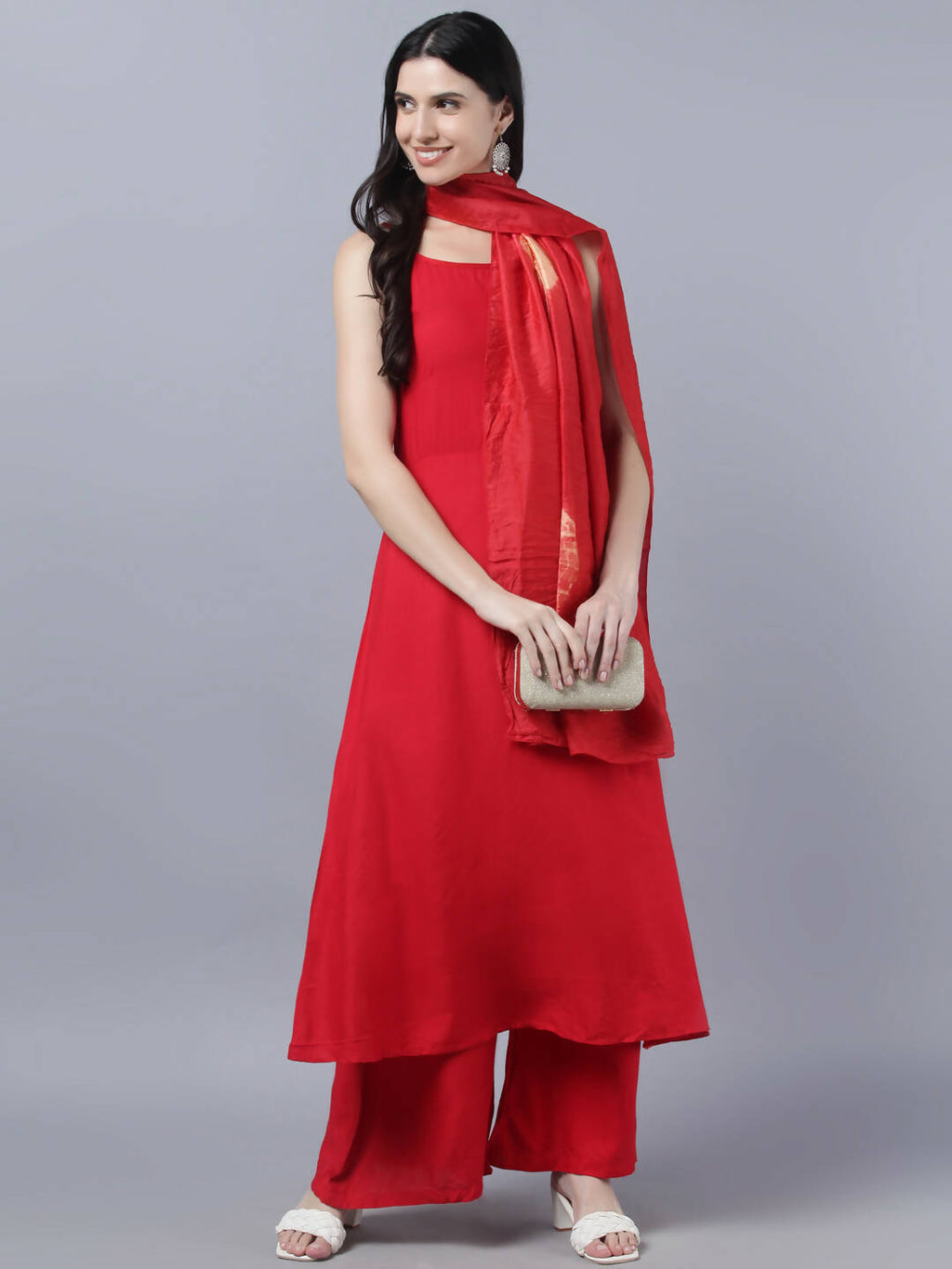 Myshka Women Red High Slit Kurta with Palazzos With Dupatta | Grocsy