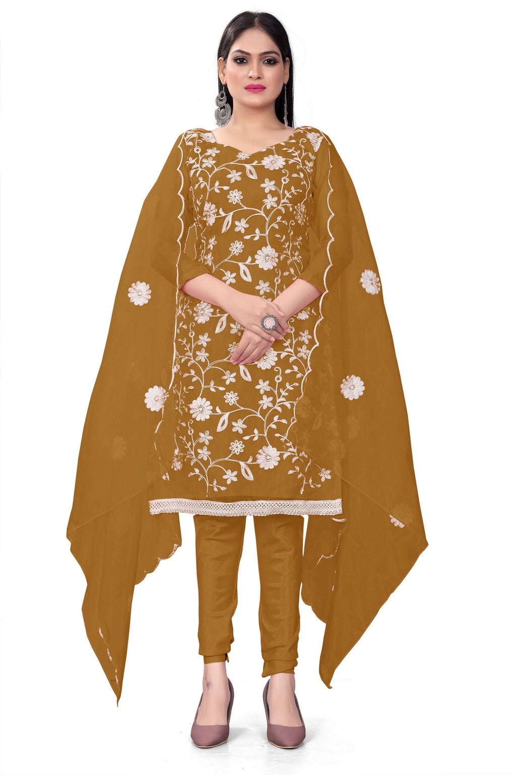 Olive Organza Silk Embroidered Work Unstitched Dress Material - Tanvi | Grocsy