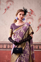 Vastranavya Lavender Tussar Silk Printed with Viscose Border Saree & Unstitched Blouse | Grocsy