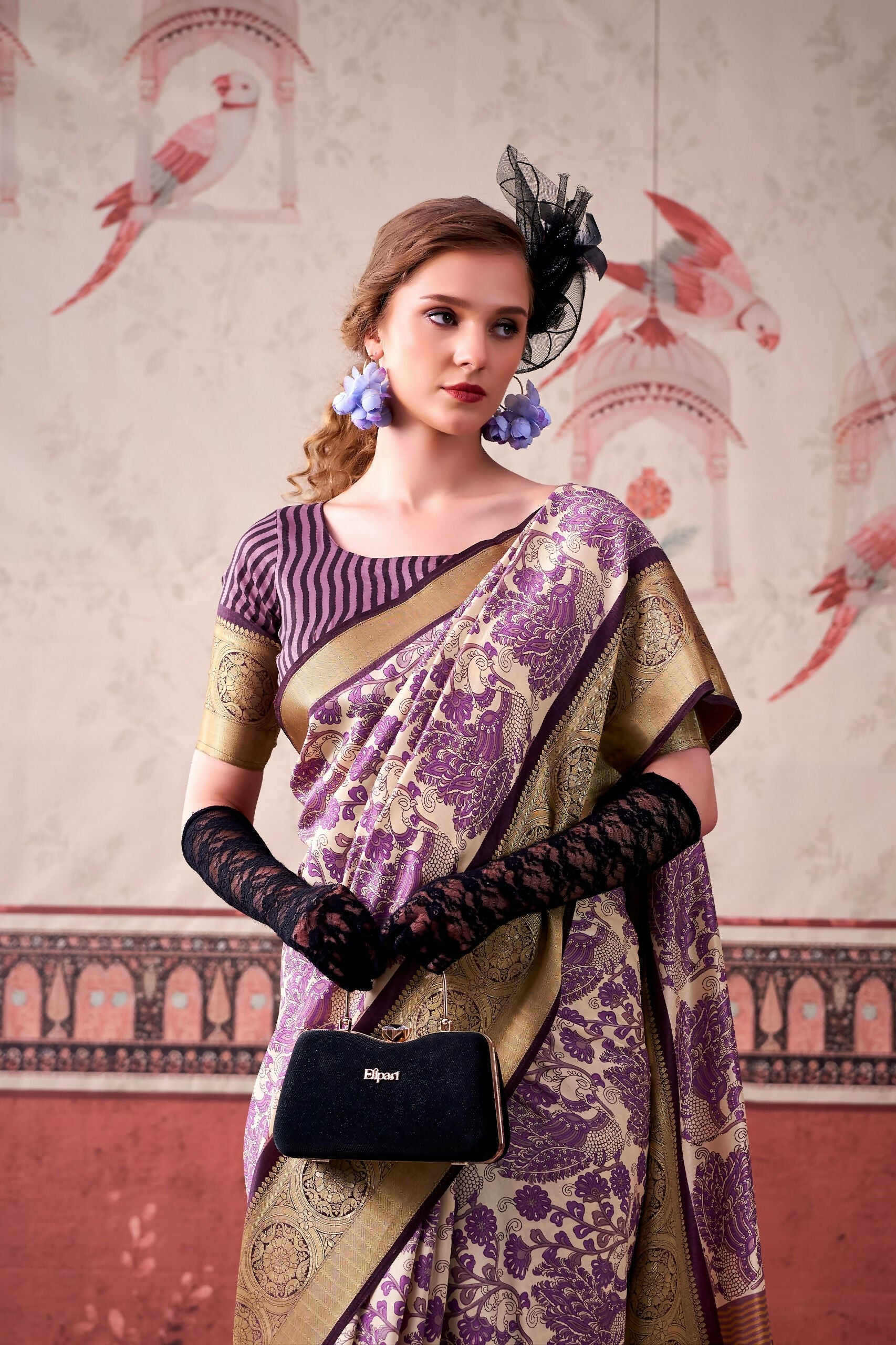 Vastranavya Lavender Tussar Silk Printed with Viscose Border Saree & Unstitched Blouse | Grocsy