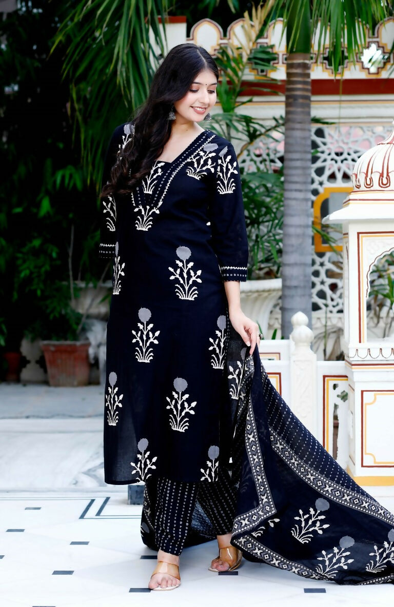 Miravan Women's Cotton Gota Patti Black Floral Printed Straight Kurta Palazzo With Dupatta Set | Grocsy