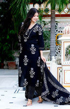 Miravan Women's Cotton Gota Patti Black Floral Printed Straight Kurta Palazzo With Dupatta Set | Grocsy
