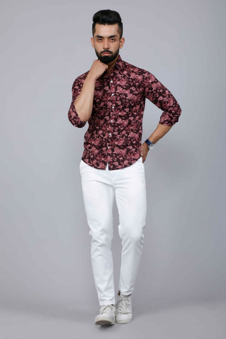 Miravan Men's Floral Slim Fit Long Sleeves Maroon Shirt | Grocsy