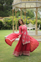 Vastranavya Premium Designer Printed With Sequins & Thread Embroidered work Kurti Palazzo & Dupatta - Red | Grocsy