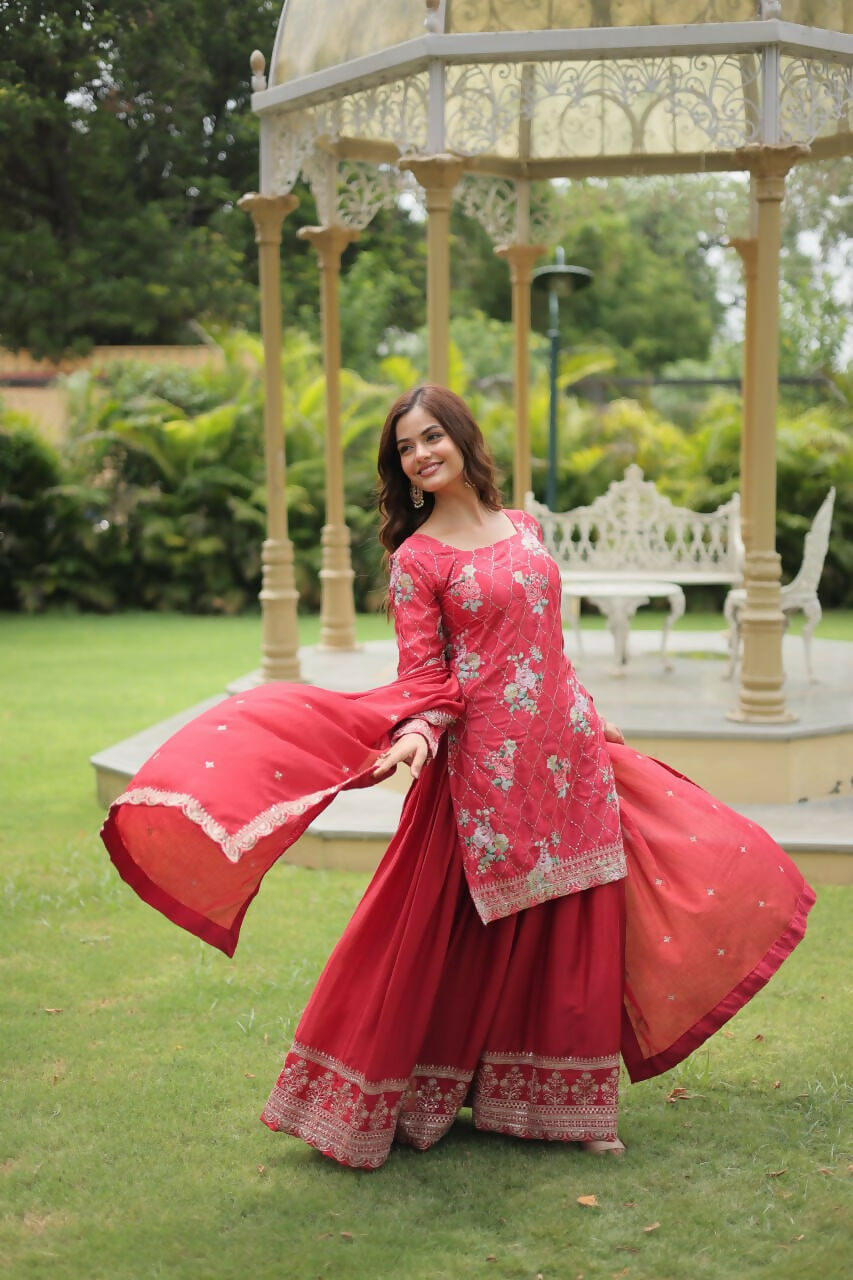 Vastranavya Premium Designer Printed With Sequins & Thread Embroidered work Kurti Palazzo & Dupatta - Red | Grocsy