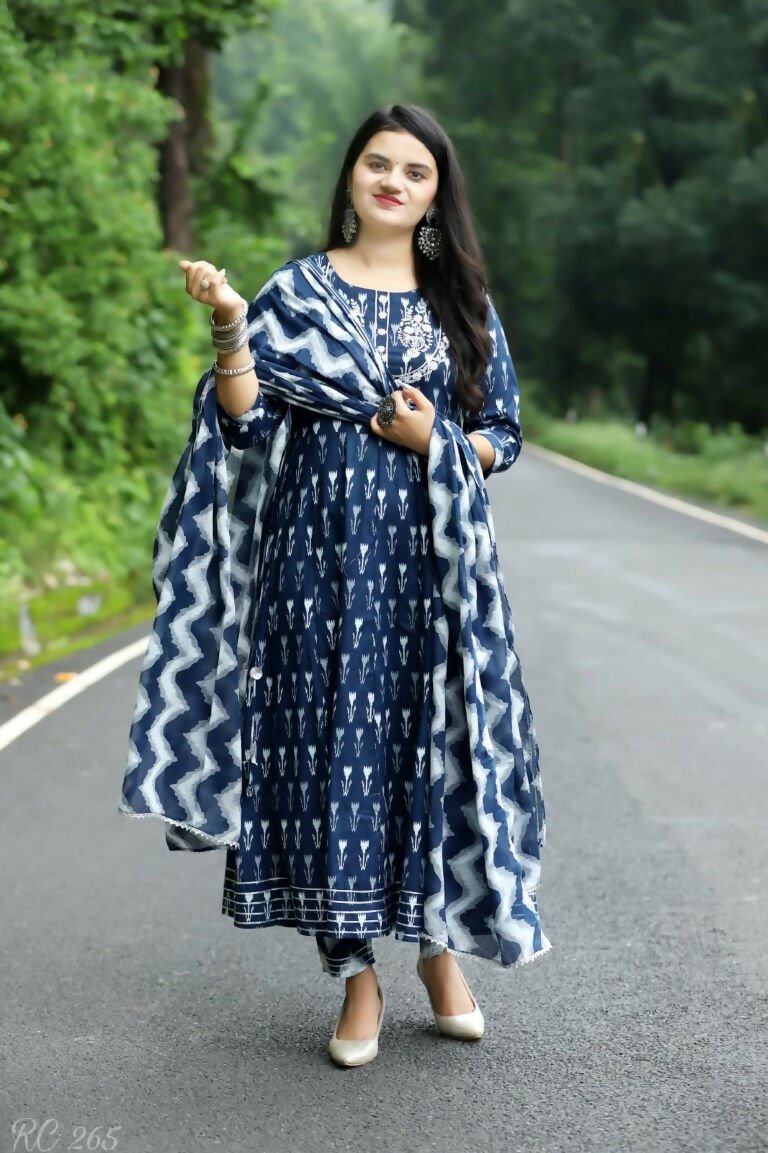 Alvano Anarkali Kurti with Pant and Dupatta set for Women and Girls Printed Cotton (Blue) | Grocsy