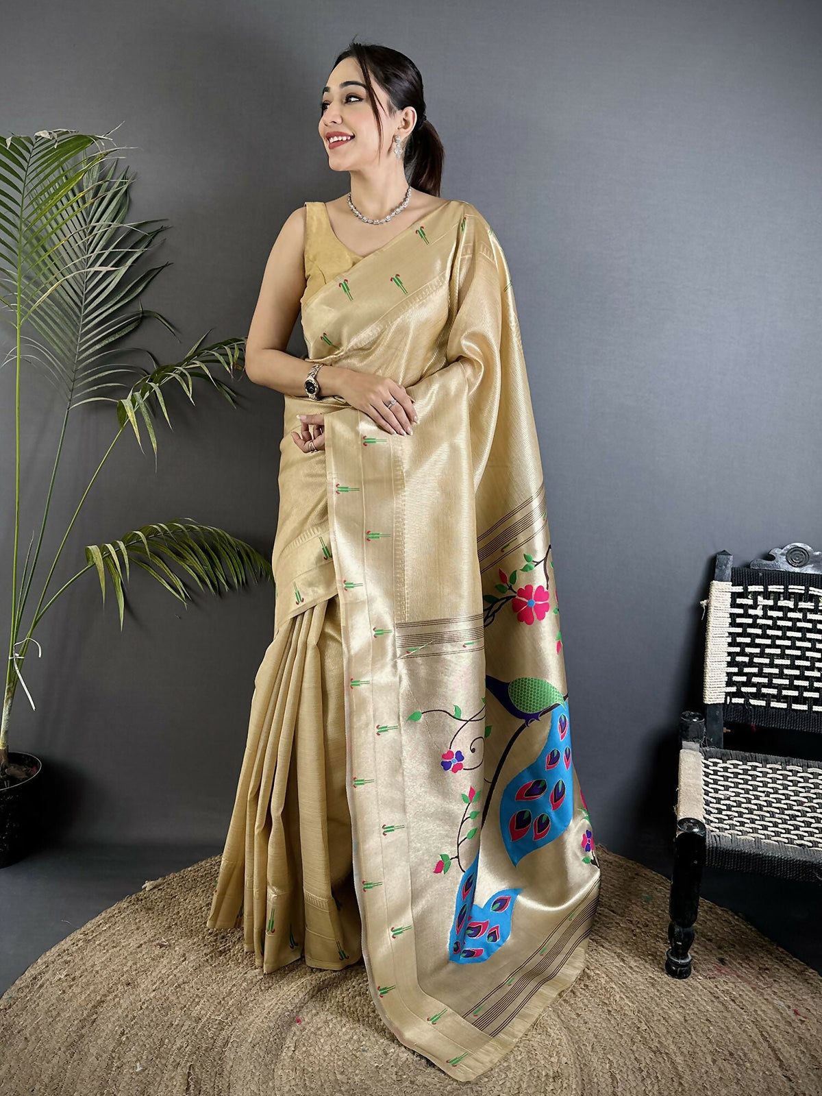 Joban Fashion Ivory Peacock & Floral Motifs Tissue Paithani Saree | Grocsy