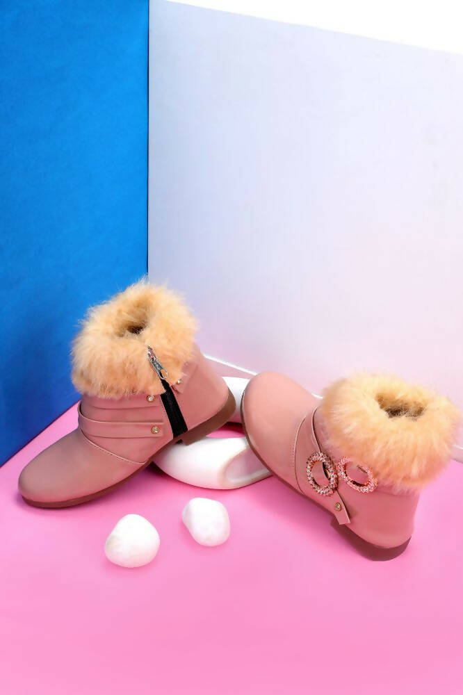 Tiny Bugs Girls Buckle Embellished Ankle Length Boots - Peach | Grocsy