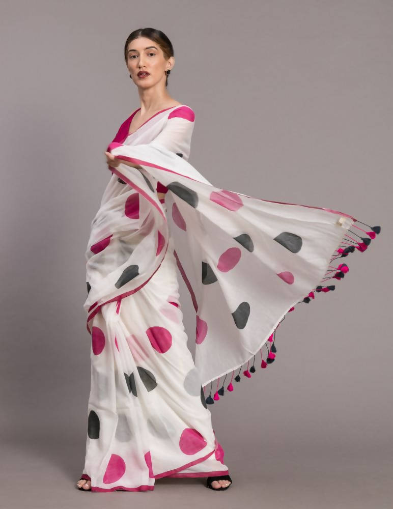 Suta White Pink Polka Dot Printed Pure Cotton Saree | Grocsy