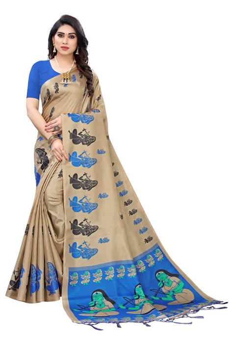 Vamika Brown Kalamkari Print With Jhalar Khadi Silk Saree (SHABRI ROYAL BLUE) | Grocsy