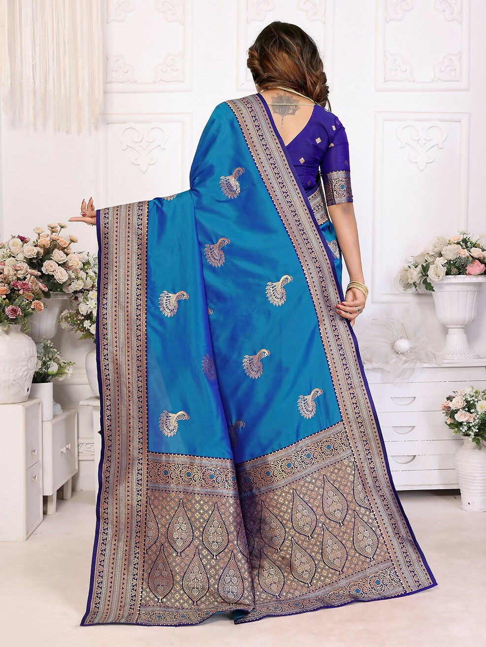 Joban Fashion Banarasi Royal Blue Small Butti Soft Silk Saree | Grocsy