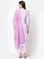Myshka Light Purple Cotton Solid 3/4 Sleeve Round Neck Casual Kurta Pant Dupatta Set | Grocsy