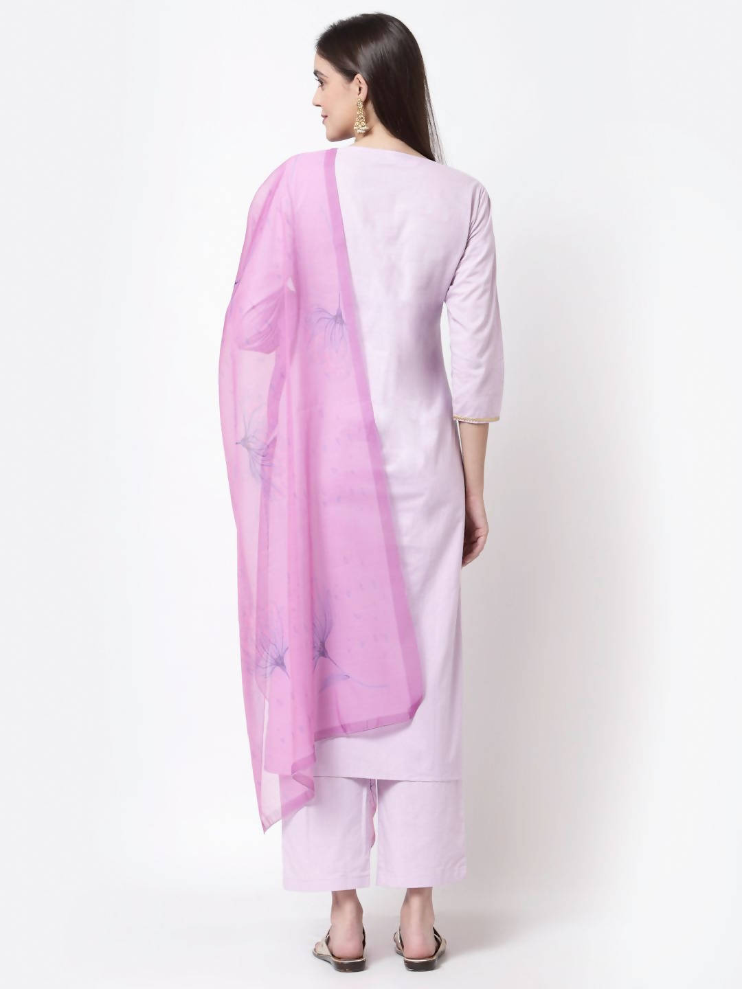 Myshka Light Purple Cotton Solid 3/4 Sleeve Round Neck Casual Kurta Pant Dupatta Set | Grocsy