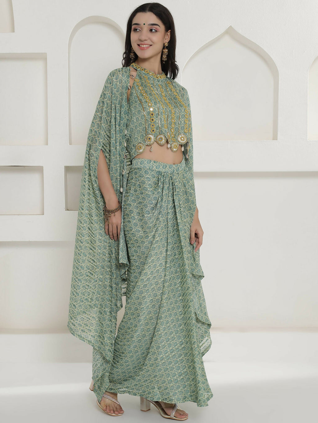 Joban Fashion Green Georgette Cape Inner And Shirt Set | Grocsy