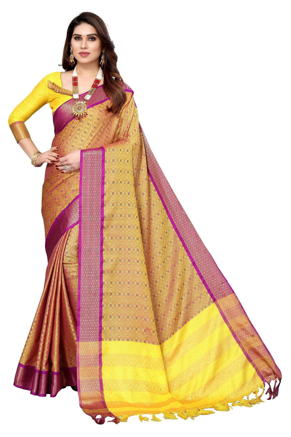 Vamika Weaving Yellow Cotton Silk Saree | Grocsy