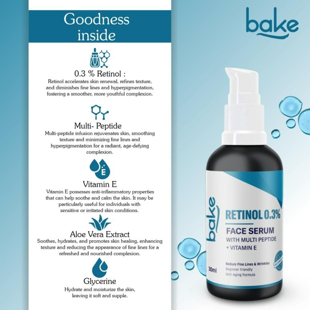 Bake 0.3% Retinol Beginner Friendly Face Serum With 2% Multi Peptide & Vitamin E | Grocsy