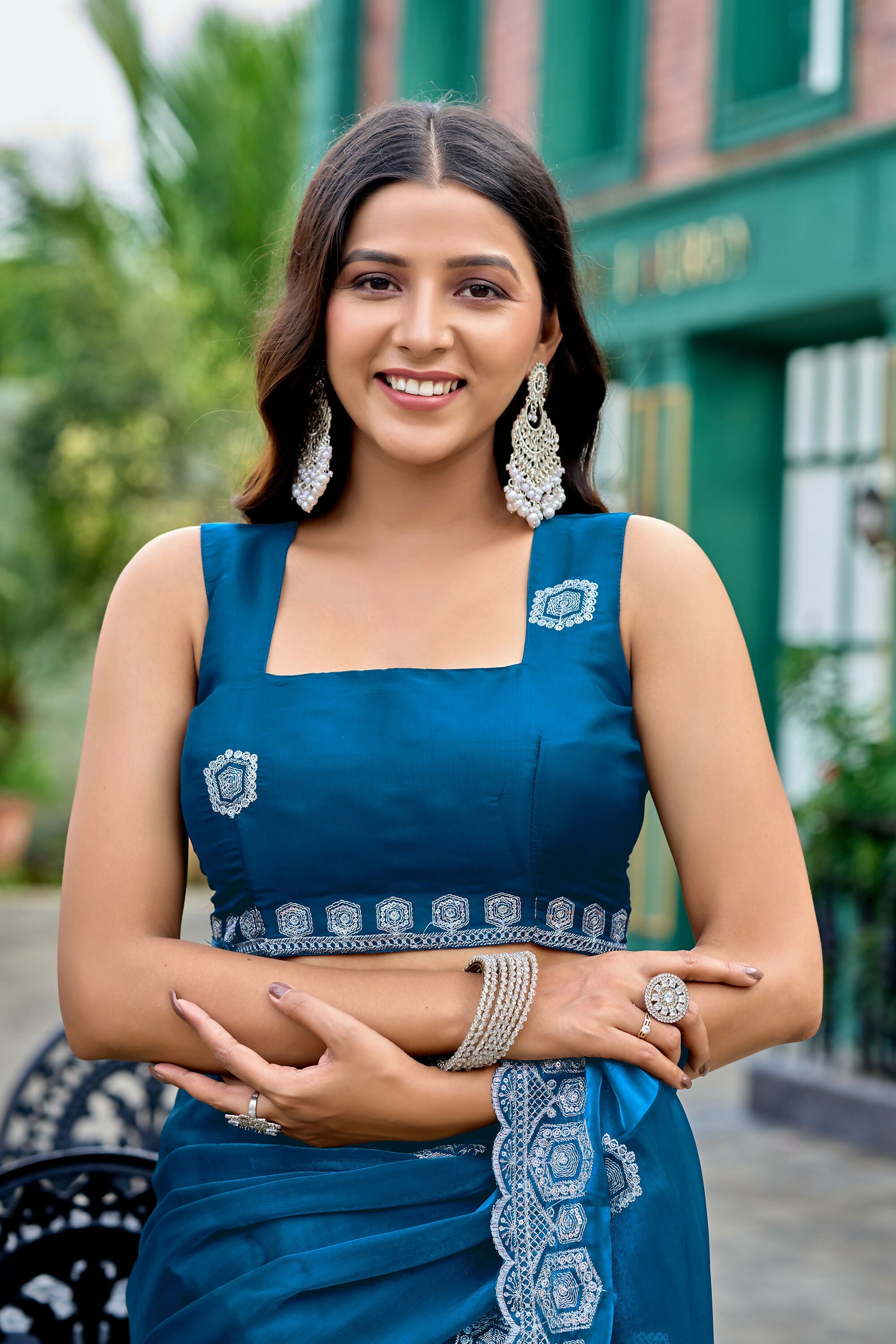 Vastranavya Teal Embroidery Work Shimmer Chiffon Saree with Unstitched Blouse | Grocsy
