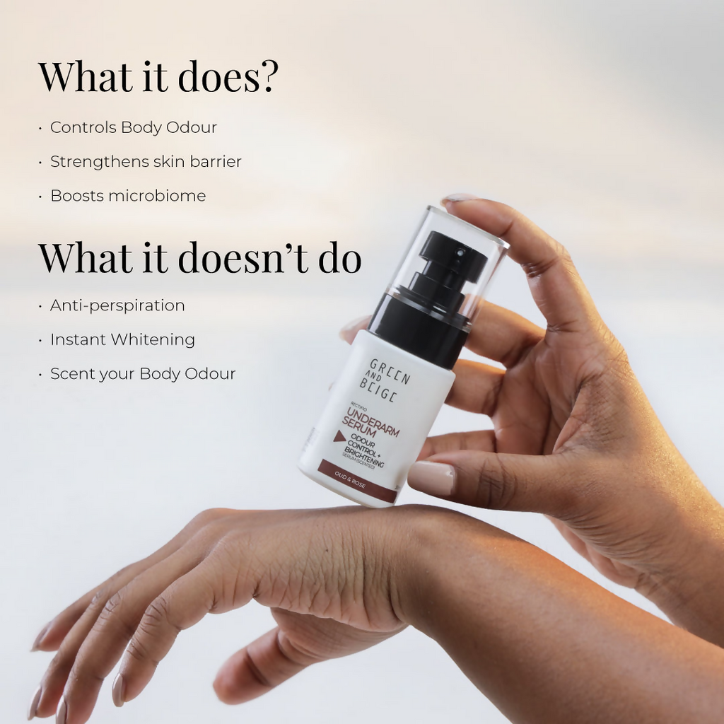 Green And Beige Rectifio Underarm Serum For Odour Control & Brightening - Oud & Rose Scented | Grocsy
