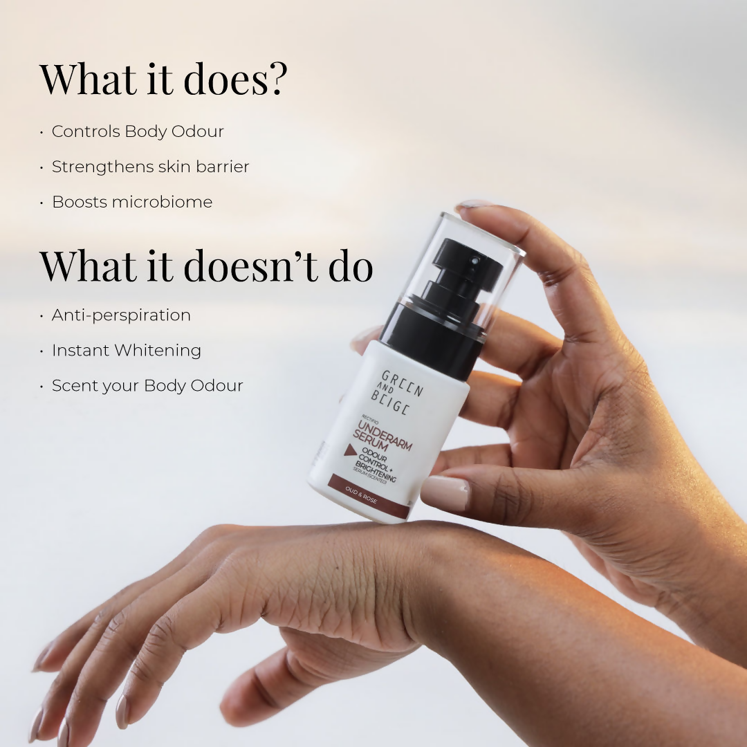 Green And Beige Rectifio Underarm Serum For Odour Control & Brightening - Oud & Rose Scented | Grocsy
