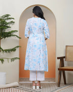 Vaasva Women White Floral Cotton Printed Flare Kurti With Pant | Grocsy