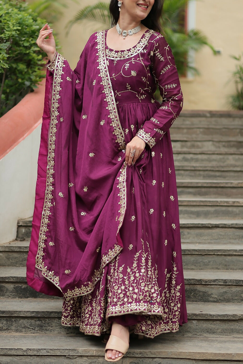 Joban Fashion Wine chinon Sequence Embroidery Work Kurta Set | Grocsy