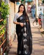 Black Pure Linen Woven Design Saree with Unstitched Blouse - A2M | Grocsy