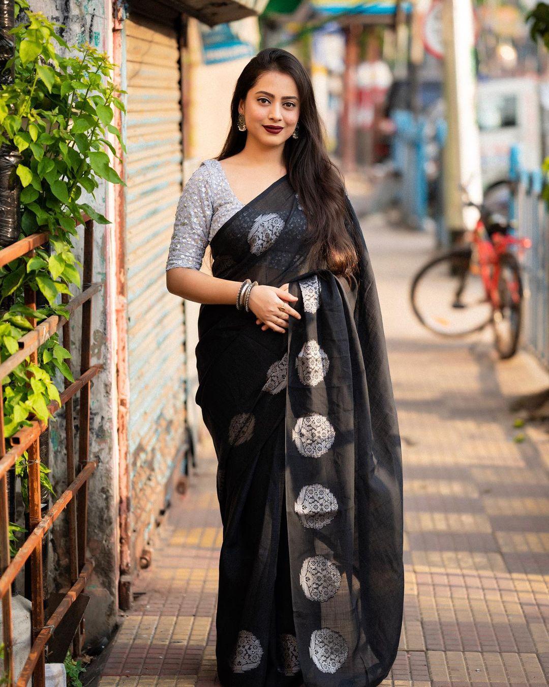 Black Pure Linen Woven Design Saree with Unstitched Blouse - A2M | Grocsy