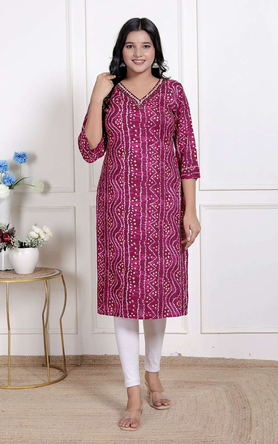 Miravan Womens Magenta Bandhej Printed Rayon Kurti | Grocsy