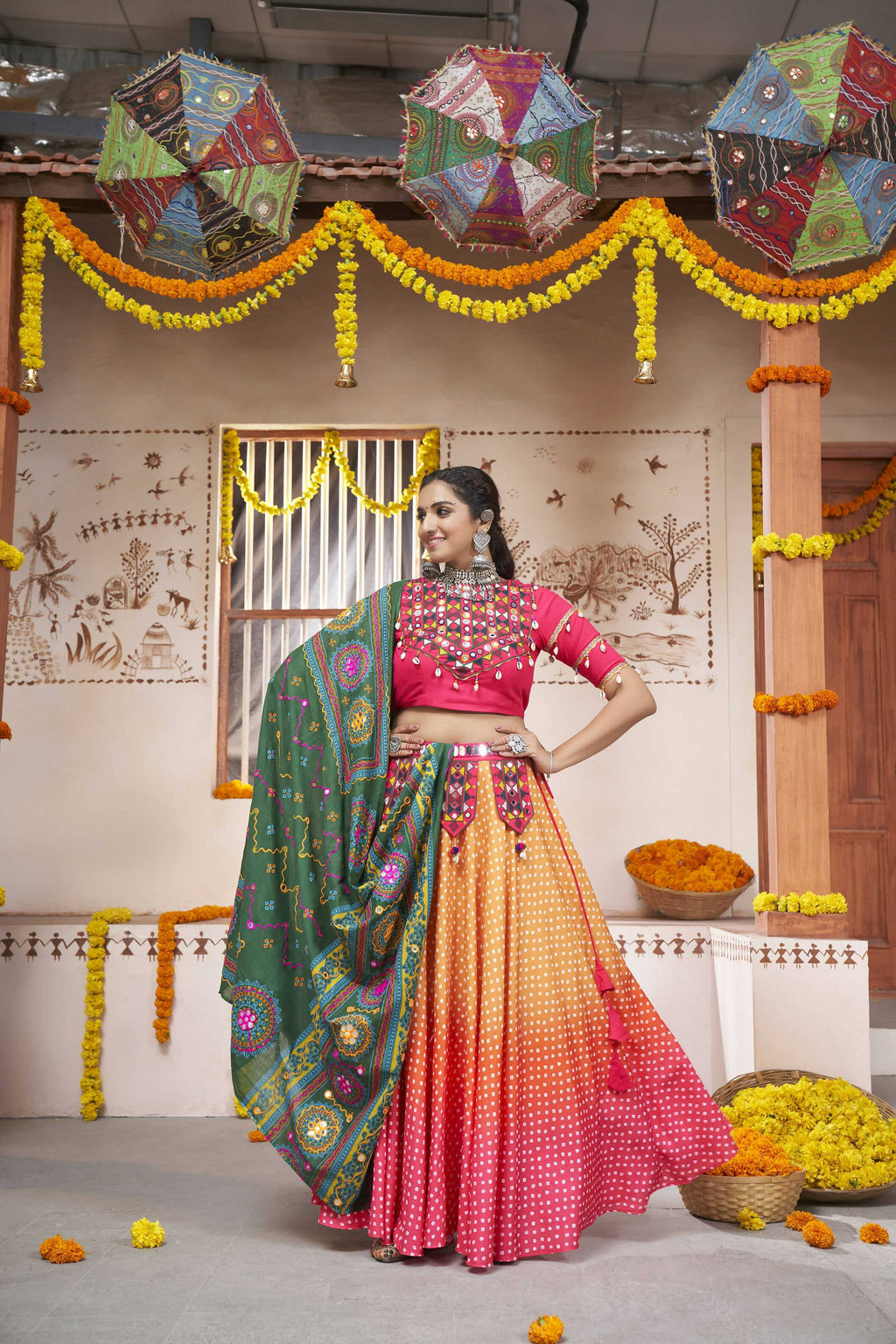 Yellow Rayon All over Print with Embroidery Patch Work Navratri Lehenga Choli with Dupatta - Raas | Grocsy