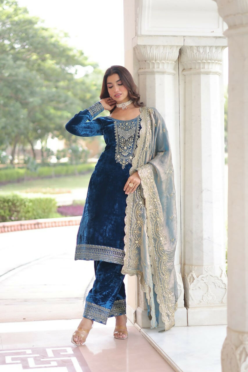 Vastranavya Morpeach Velvet With Rich Sequins & Zari Embroidered Work Top-Bottom With Dupatta | Grocsy