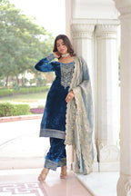 Vastranavya Morpeach Velvet With Rich Sequins & Zari Embroidered Work Top-Bottom With Dupatta | Grocsy