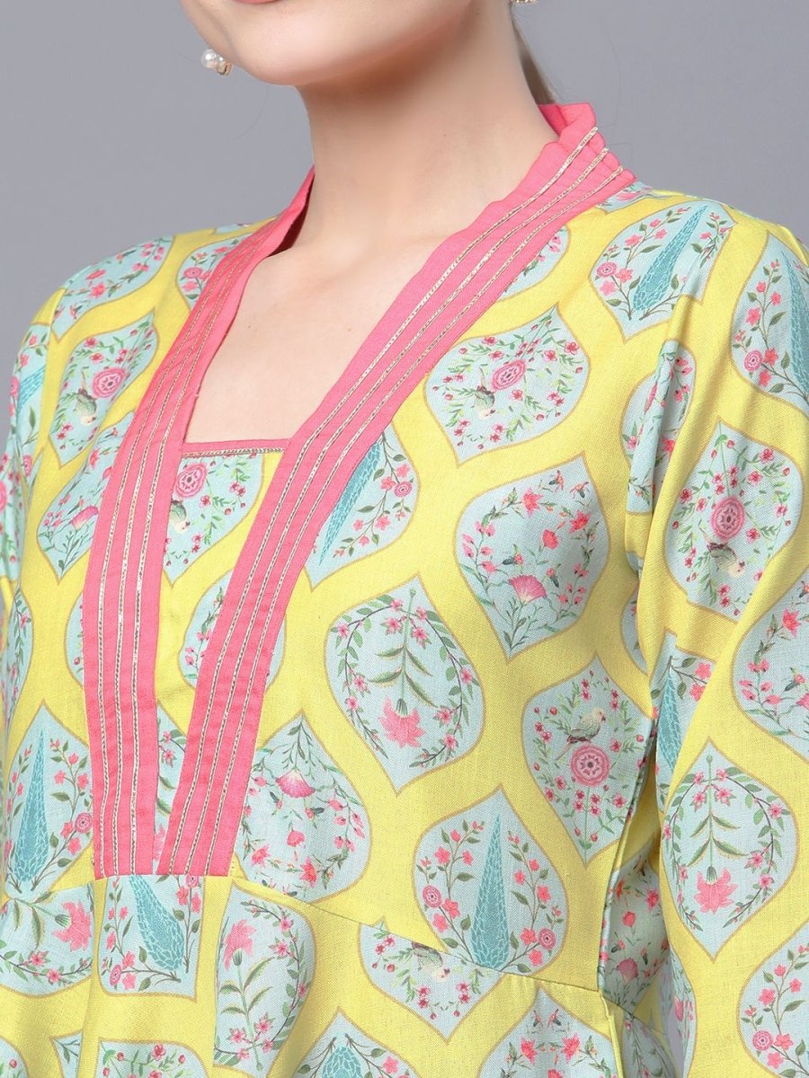 Ahalyaa Women Cotton Blend Lemon Yellow Digital Printed Tunic | Grocsy