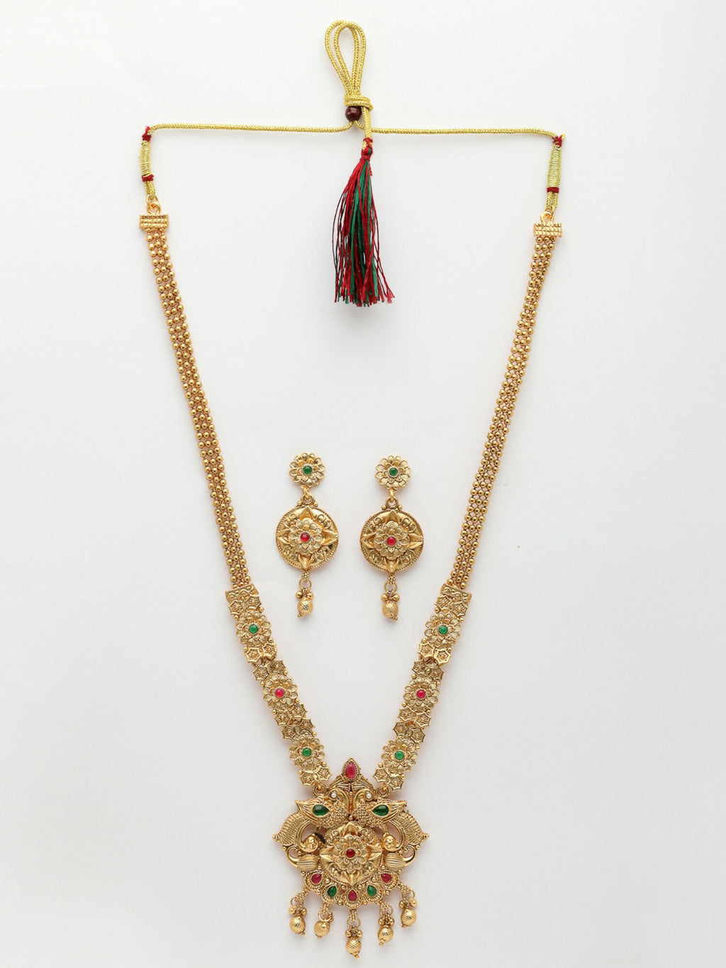 NVR Women's Gold-Polished Pink & Green Stone-Studded Peacock Design Temple Jewellery Set | Grocsy